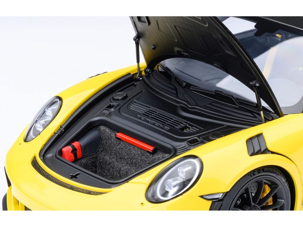 Porsche 911 (991.2) GT3 RS Weissach Racing Yellow with Carbon Hood and Top 1/18 Model Car by Autoart view 3