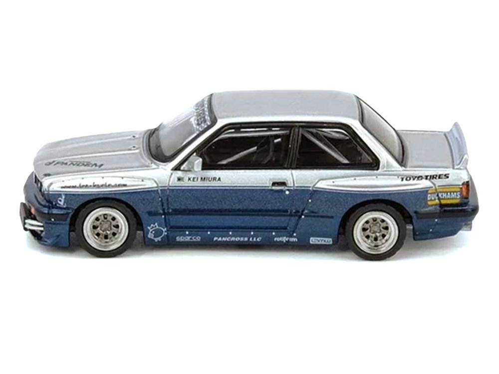 Pandem E30 M3 Silver Metallic and Dark Blue 1/64 Diecast Model Car by Inno Models view 2