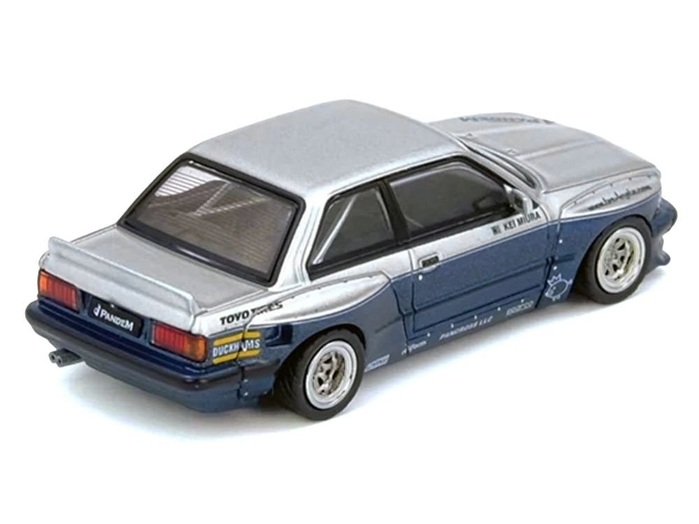 Pandem E30 M3 Silver Metallic and Dark Blue 1/64 Diecast Model Car by Inno Models view 3