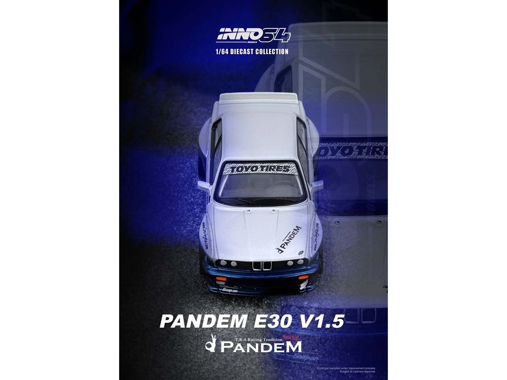 Pandem E30 M3 Silver Metallic and Dark Blue 1/64 Diecast Model Car by Inno Models view 4