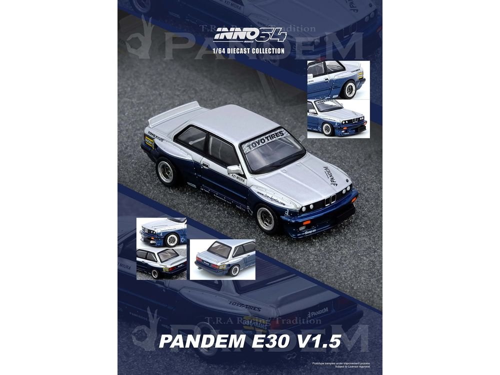 Pandem E30 M3 Silver Metallic and Dark Blue 1/64 Diecast Model Car by Inno Models view 5