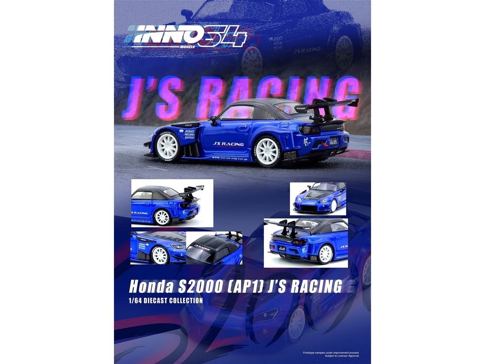 Honda S2000 RHD (Right Hand Drive) "J's Racing" Blue Metallic with Carbon Hood and Top 1/64 Diecast Model Car by Inno Models view 4