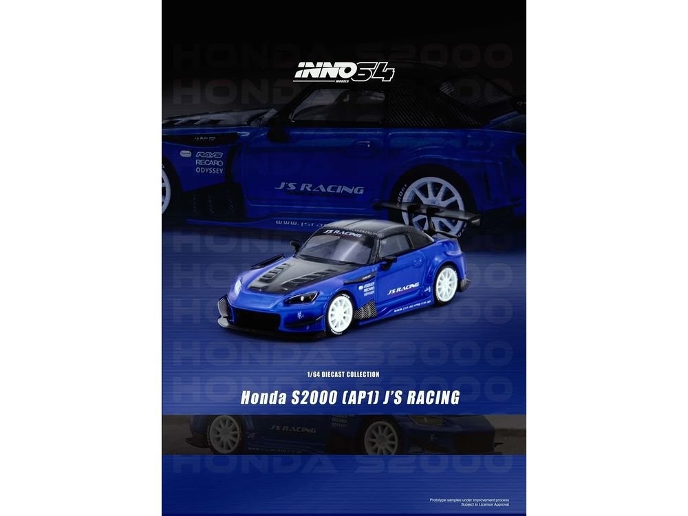 Honda S2000 RHD (Right Hand Drive) "J's Racing" Blue Metallic with Carbon Hood and Top 1/64 Diecast Model Car by Inno Models view 5