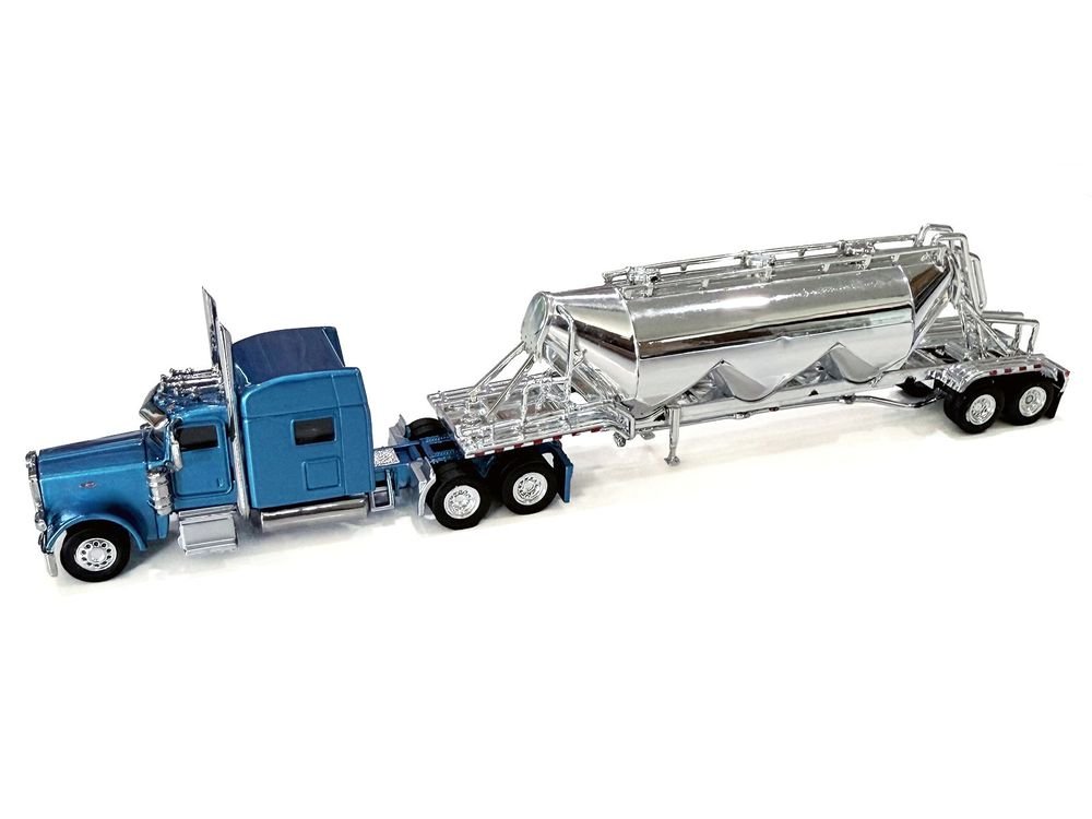 Peterbilt 389 Truck Tractor with Sleeper Cab Blue Metallic and Pneumatic Tank Trailer Chrome Combo Set 1/87 (HO) Plastic Model Car by HO Logistics view 2
