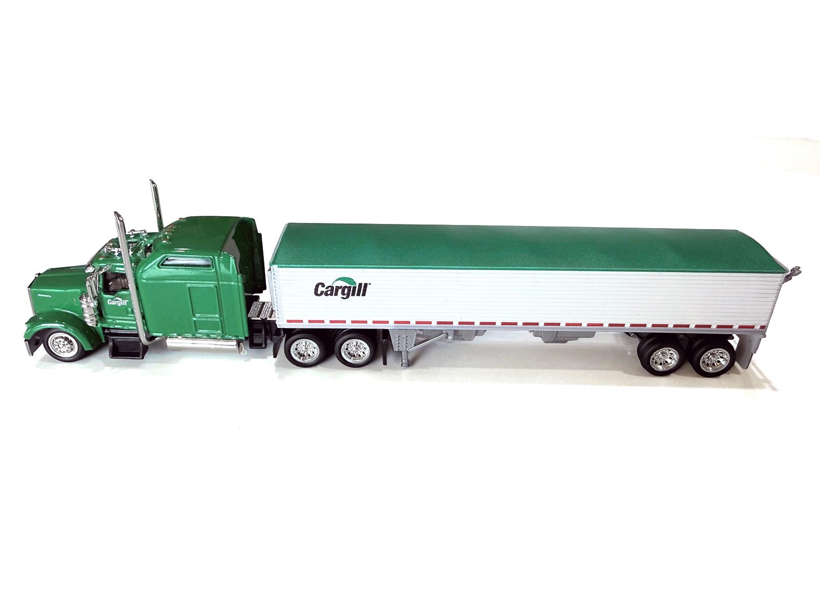 Kenworth W900L Truck Tractor with Sleeper Cab "Cargill" Green and Covered Grain Trailer White with Green Tarp Combo Set 1/87 (HO) Plastic Model Car by HO Logistics view 2