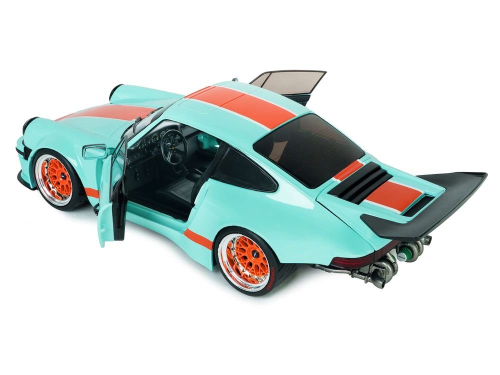 2025 Porsche 911 KS-R by Khyzyl Saleem "Blue Racer" Light Blue with Orange Stripes 1/18 Diecast Model Car by Solido view 4