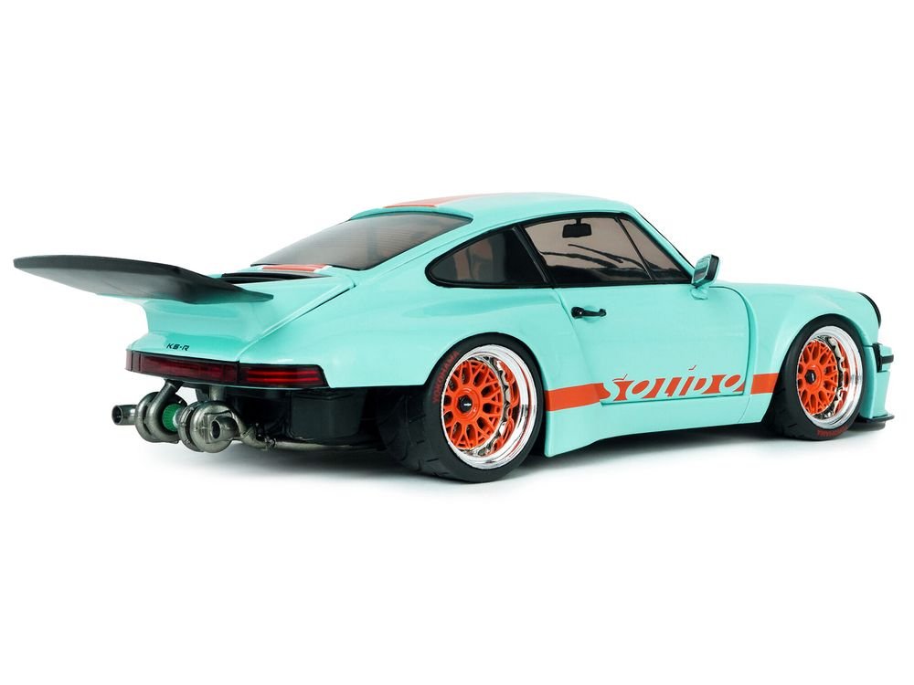 2025 Porsche 911 KS-R by Khyzyl Saleem "Blue Racer" Light Blue with Orange Stripes 1/18 Diecast Model Car by Solido view 5