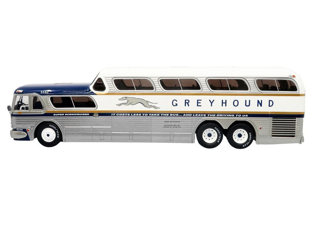 GM PD-4501 Scenicruiser Coach Bus "Greyhound Bus Lines - 50th Anniversary" Raw Metal with Blue and White Top and Gold Stripes "The Bus & Motorcoach Collection" 1/43 Plastic Model by Iconic Replicas view 2