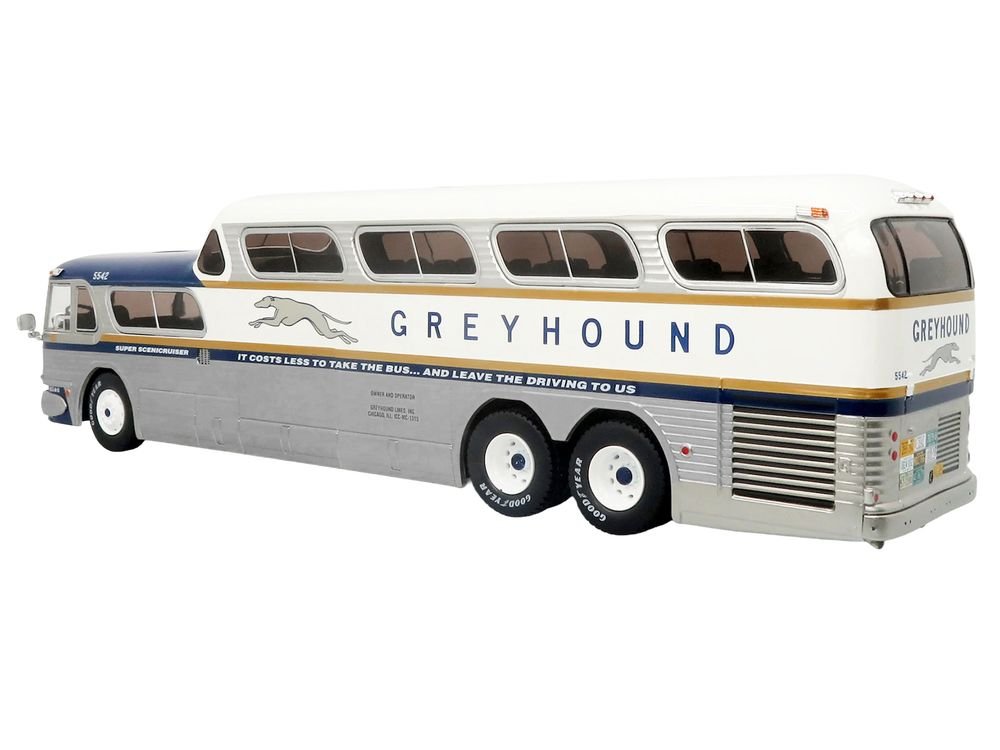 GM PD-4501 Scenicruiser Coach Bus "Greyhound Bus Lines - 50th Anniversary" Raw Metal with Blue and White Top and Gold Stripes "The Bus & Motorcoach Collection" 1/43 Plastic Model by Iconic Replicas view 3