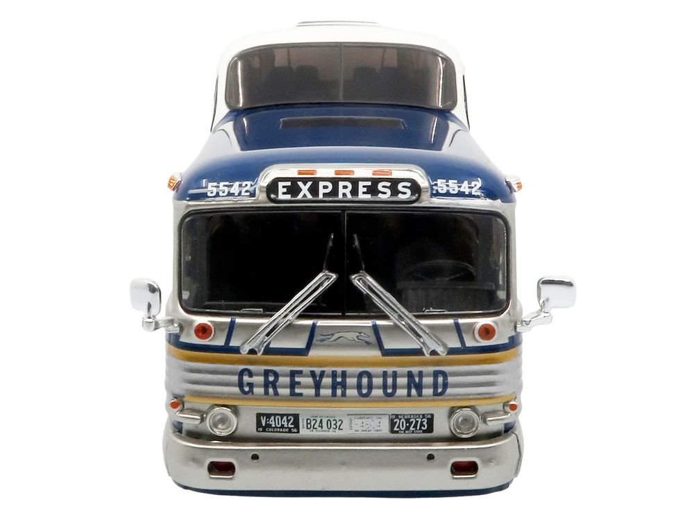 GM PD-4501 Scenicruiser Coach Bus "Greyhound Bus Lines - 50th Anniversary" Raw Metal with Blue and White Top and Gold Stripes "The Bus & Motorcoach Collection" 1/43 Plastic Model by Iconic Replicas view 4