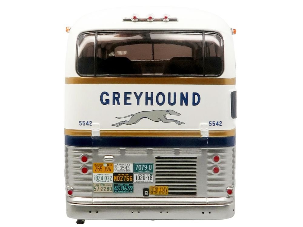 GM PD-4501 Scenicruiser Coach Bus "Greyhound Bus Lines - 50th Anniversary" Raw Metal with Blue and White Top and Gold Stripes "The Bus & Motorcoach Collection" 1/43 Plastic Model by Iconic Replicas view 5