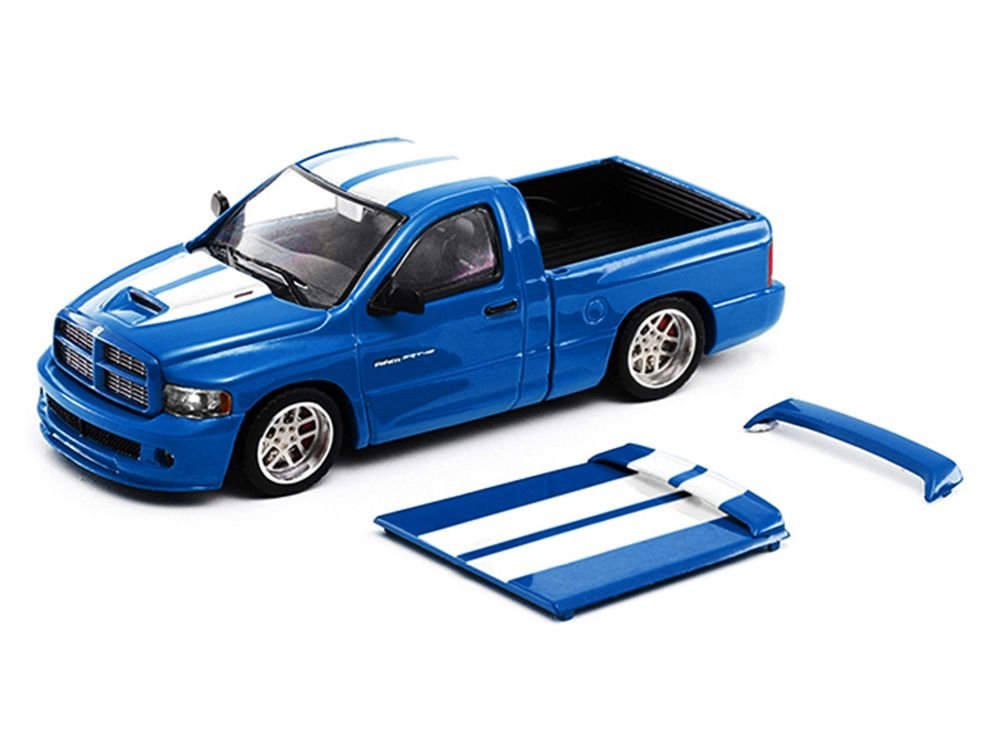 2003 Dodge Ram SRT-10 Pickup Truck Electric Blue Metallic with White Stripes 1/64 Diecast Model Car by Shoom64 Models view 2