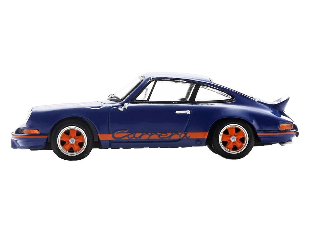1973 Porsche 911 RS 2.7 Blue with Orange Stripes 1/64 Model Car by Spark view 2