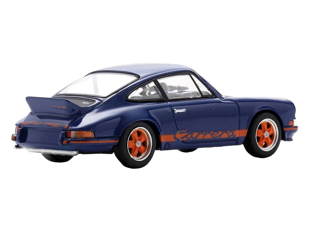 1973 Porsche 911 RS 2.7 Blue with Orange Stripes 1/64 Model Car by Spark view 3