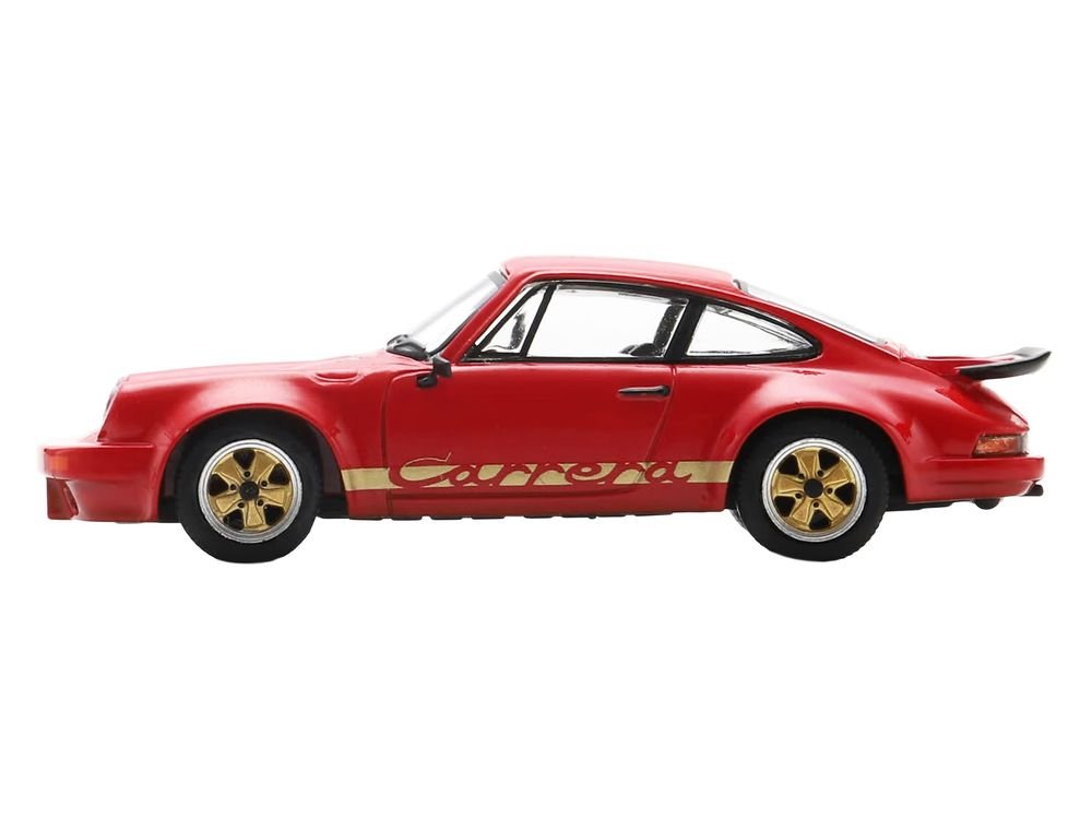 1974 Porsche 911 Carrera RS 3.0 Red with Gold Stripes 1/64 Model Car by Spark view 2