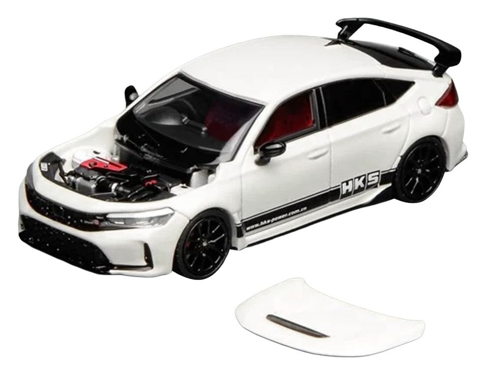 Honda Civic Type R (FL5) RHD (Right Hand Drive) "HKS" White with Black Stripes 1/64 Diecast Model Car by MotorHelix view 2