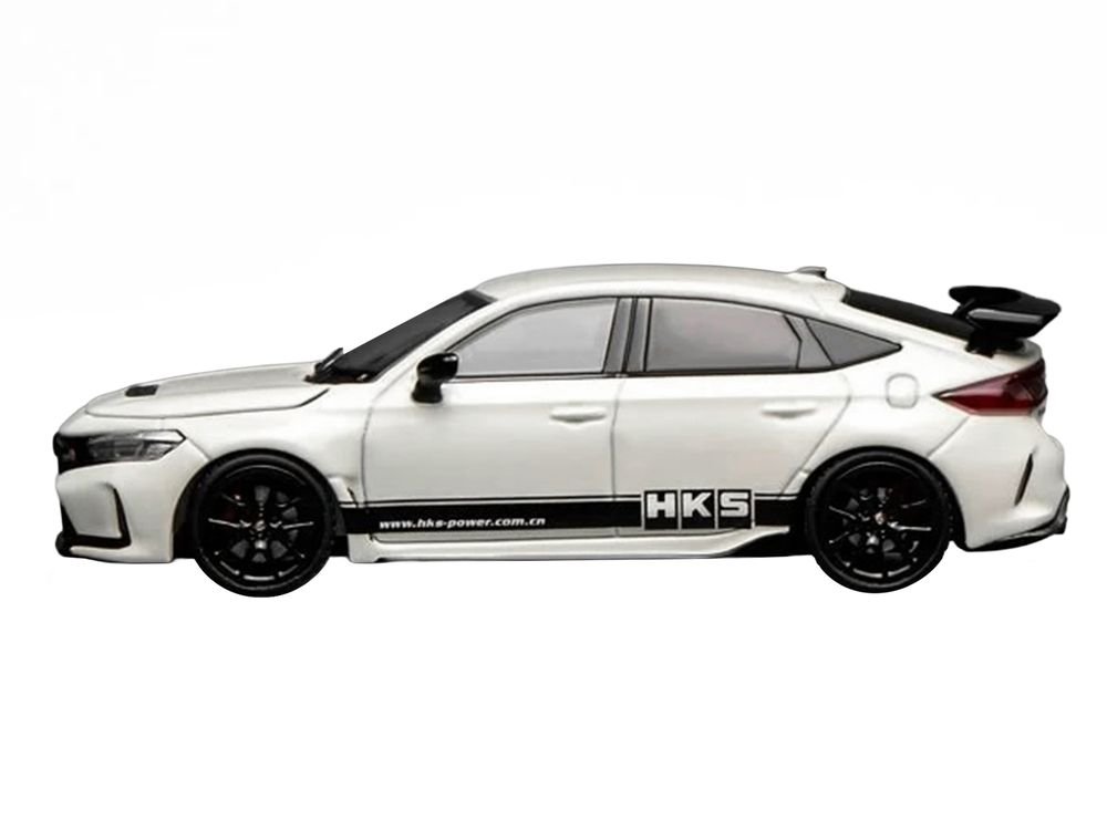 Honda Civic Type R (FL5) RHD (Right Hand Drive) "HKS" White with Black Stripes 1/64 Diecast Model Car by MotorHelix view 3