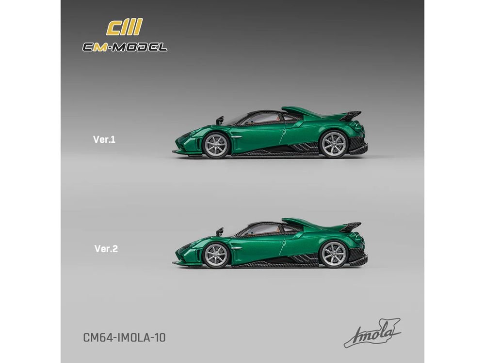 Pagani Imola Emerald Green Metallic with Carbon Top and Extra Wheels 1/64 Diecast Model Car by CM Model view 4