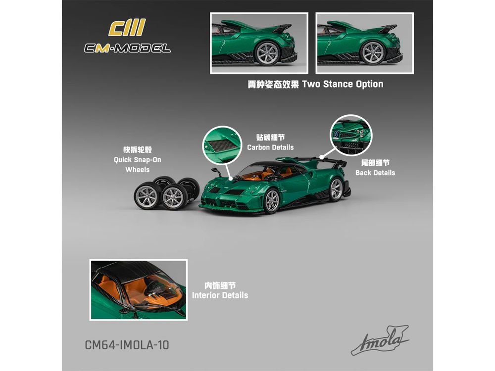 Pagani Imola Emerald Green Metallic with Carbon Top and Extra Wheels 1/64 Diecast Model Car by CM Model view 5