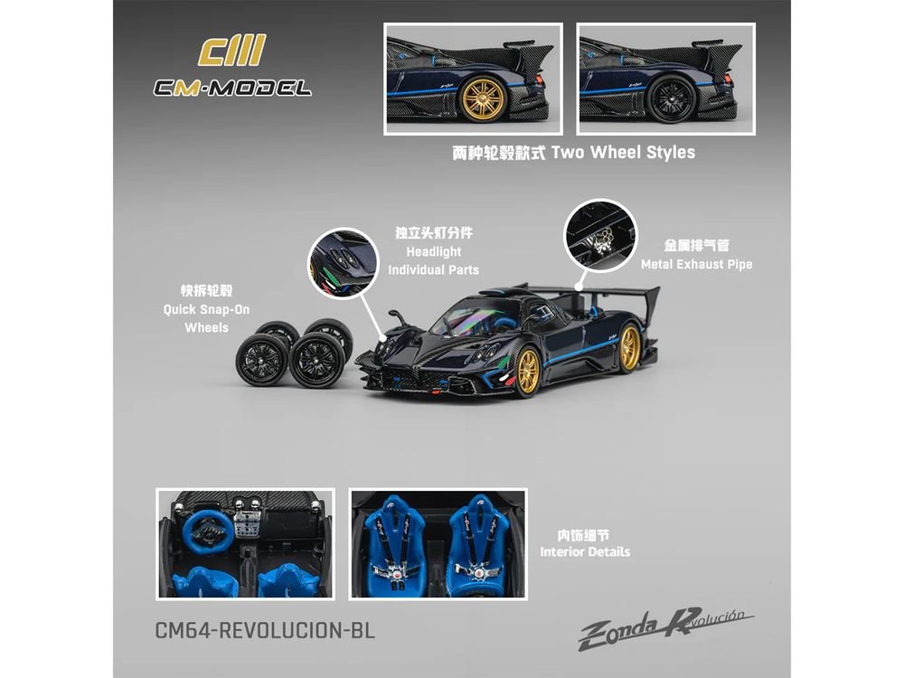 Pagani Zonda Revolucion Dark Blue Metallic and Carbon with Extra Wheels 1/64 Diecast Model Car by CM Model view 4