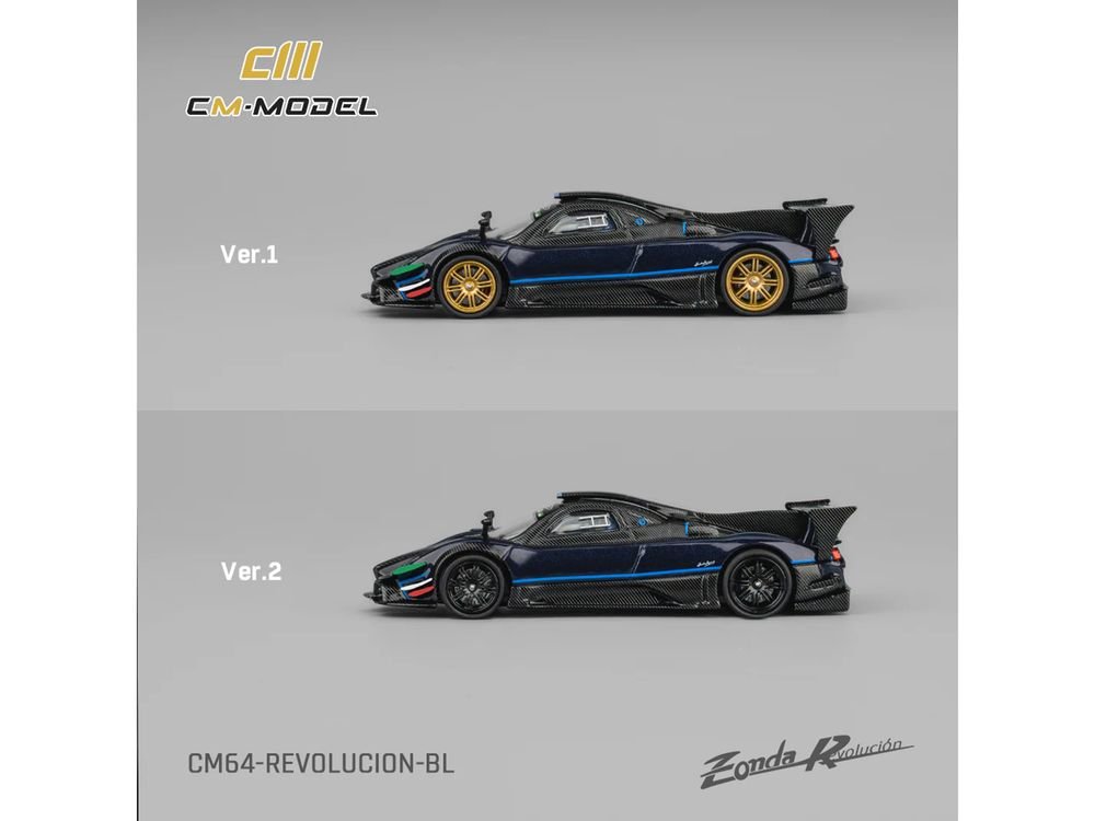 Pagani Zonda Revolucion Dark Blue Metallic and Carbon with Extra Wheels 1/64 Diecast Model Car by CM Model view 5