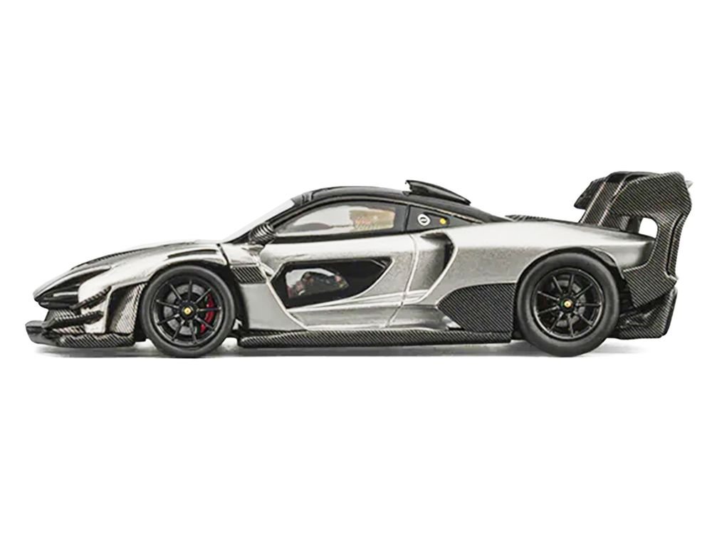 McLaren Senna GTR Silver Gray Metallic with Carbon Hood and Black Top 1/64 Diecast Model Car by CM Model view 2