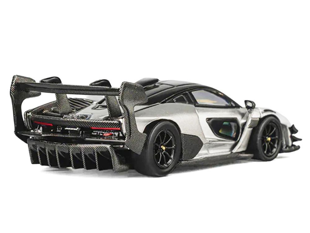 McLaren Senna GTR Silver Gray Metallic with Carbon Hood and Black Top 1/64 Diecast Model Car by CM Model view 3