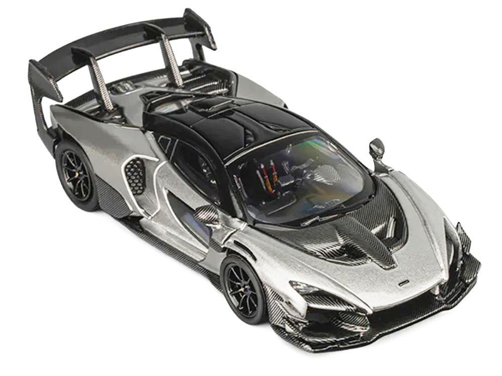 McLaren Senna GTR Silver Gray Metallic with Carbon Hood and Black Top 1/64 Diecast Model Car by CM Model view 4