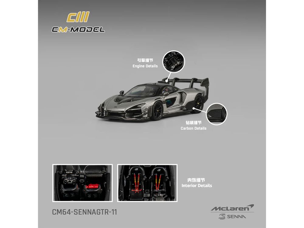 McLaren Senna GTR Silver Gray Metallic with Carbon Hood and Black Top 1/64 Diecast Model Car by CM Model view 5