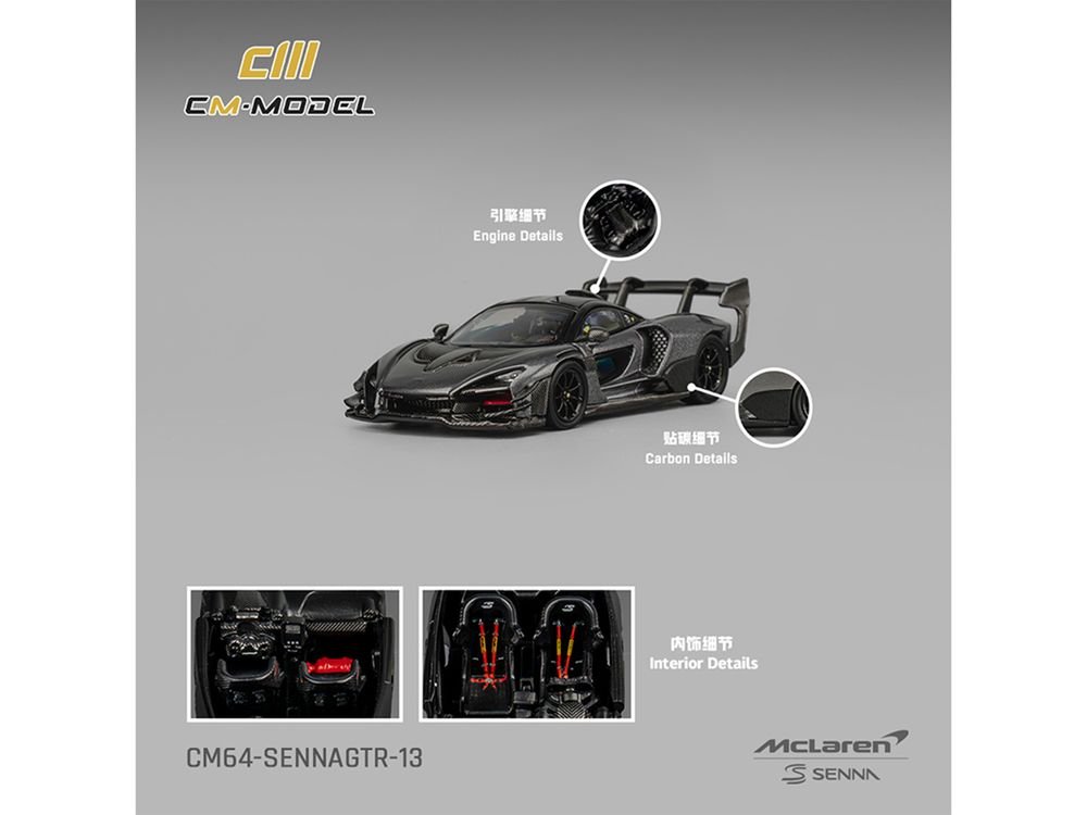 McLaren Senna GTR Dark Gray Metallic with Carbon Hood and Black Top 1/64 Diecast Model Car by CM Model view 4