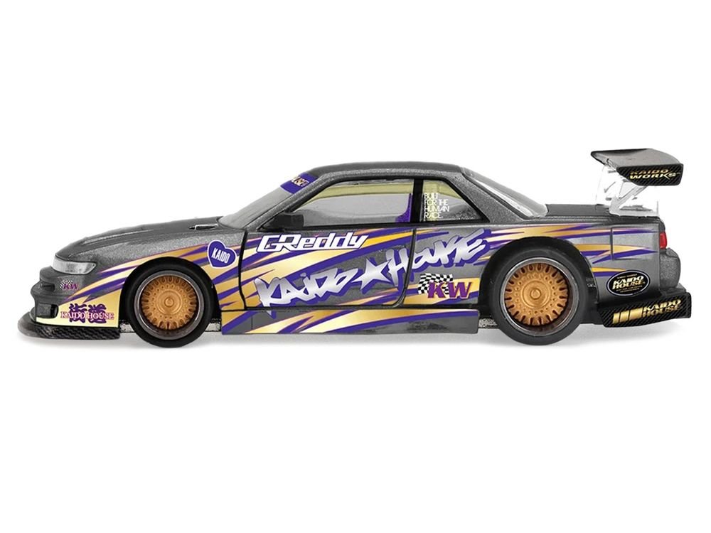 Nissan Silvia S13-R "Kaido Drift V1" RHD (Designed by Jun Imai) Gray Metallic with Graphics "Kaido House" Special 1/64 Diecast Model Car by Mini GT view 3
