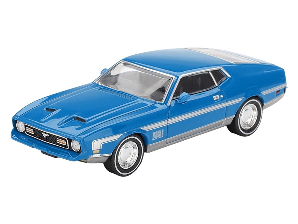 Ford Mustang Mach 1 Grabber Blue with Silver Stripes Limited Edition 1/64 Diecast Model Car by Mini GT view 2