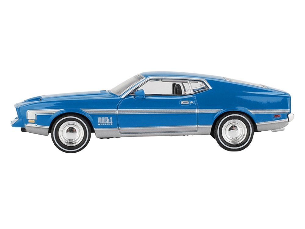 Ford Mustang Mach 1 Grabber Blue with Silver Stripes Limited Edition 1/64 Diecast Model Car by Mini GT view 3
