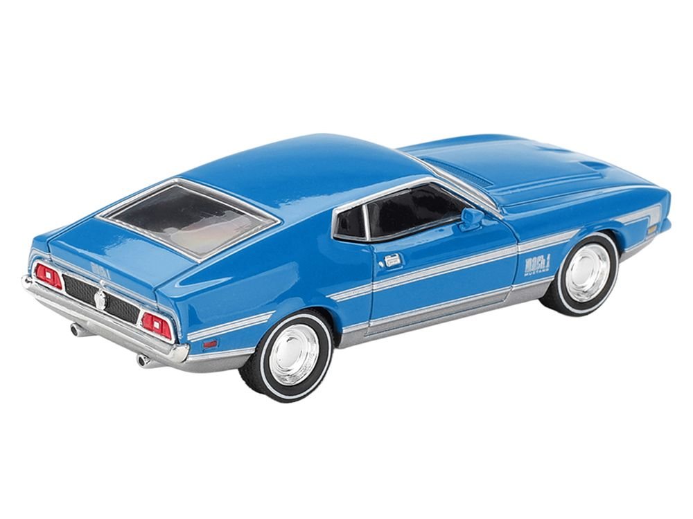 Ford Mustang Mach 1 Grabber Blue with Silver Stripes Limited Edition 1/64 Diecast Model Car by Mini GT view 4