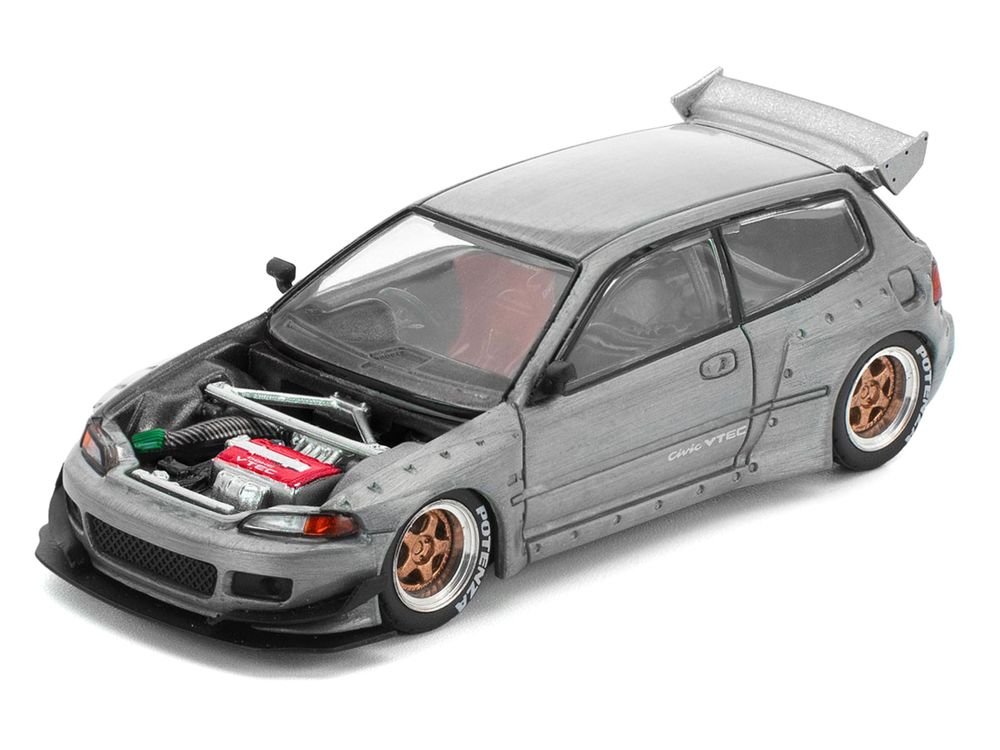 Pandem Civic EG6 RHD (Right Hand Drive) Raw Metal with No Hood 1/64 Diecast Model Car by Pop Race view 2