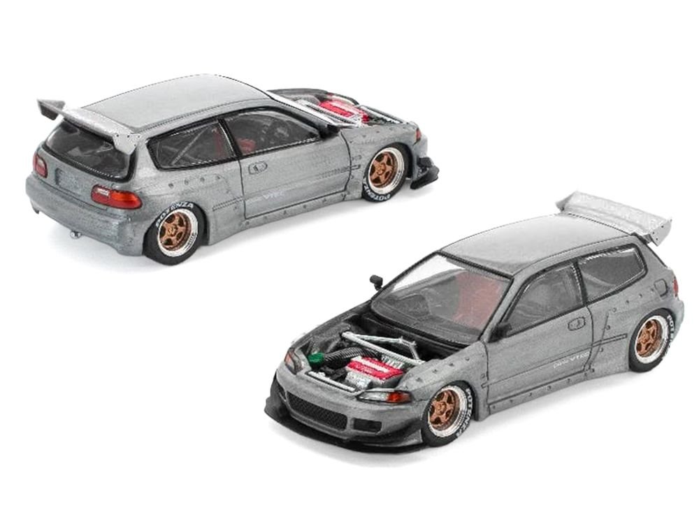 Pandem Civic EG6 RHD (Right Hand Drive) Raw Metal with No Hood 1/64 Diecast Model Car by Pop Race view 4