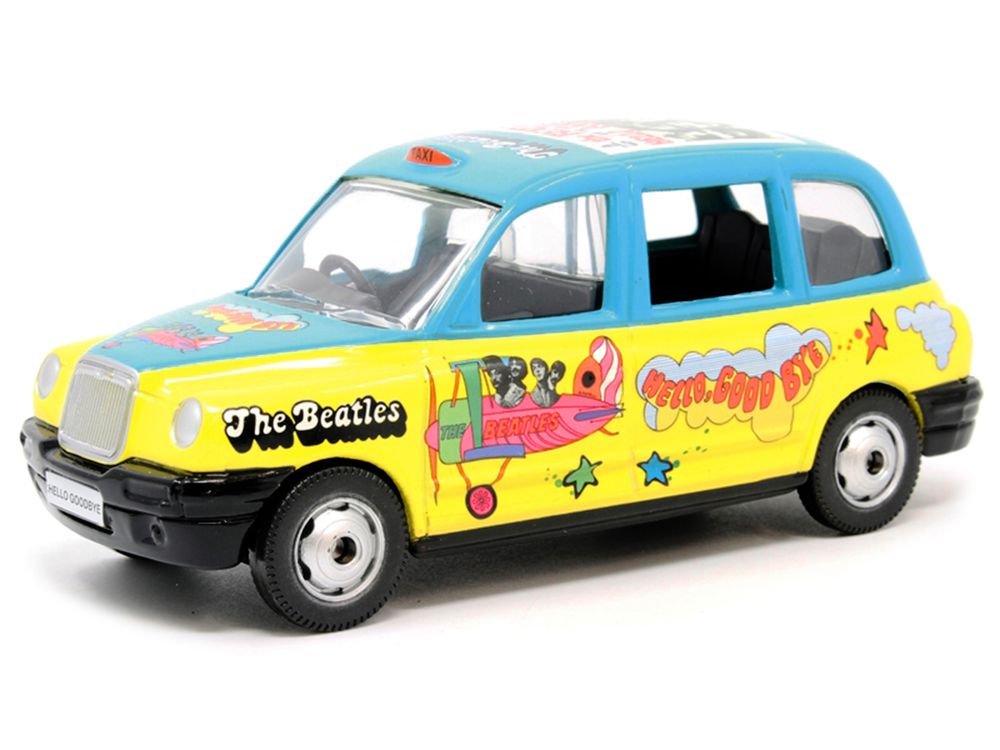 The Beatles London Taxi RHD (Right Hand Drive) "Hello Goodbye" Blue and Yellow with Graphics Diecast Model by Corgi view 2