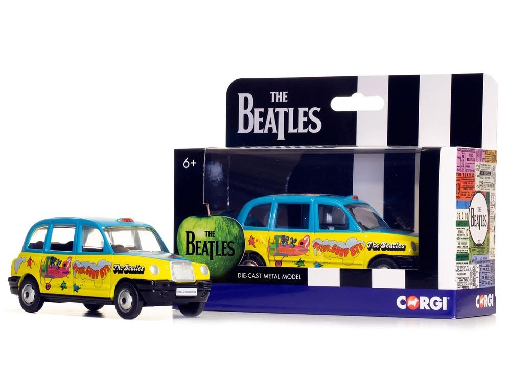 The Beatles London Taxi RHD (Right Hand Drive) "Hello Goodbye" Blue and Yellow with Graphics Diecast Model by Corgi view 3