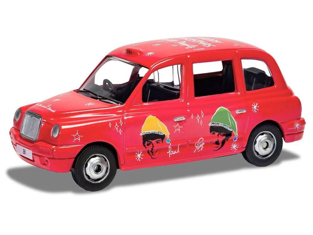 The Beatles London Taxi RHD (Right Hand Drive) "Christmas Taxi" Red with Graphics Diecast Model by Corgi view 2