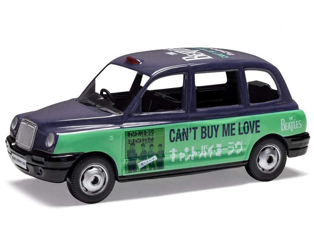 The Beatles London Taxi RHD (Right Hand Drive) "Can't Buy Me Love" Blue and Green with Graphics Diecast Model by Corgi view 2