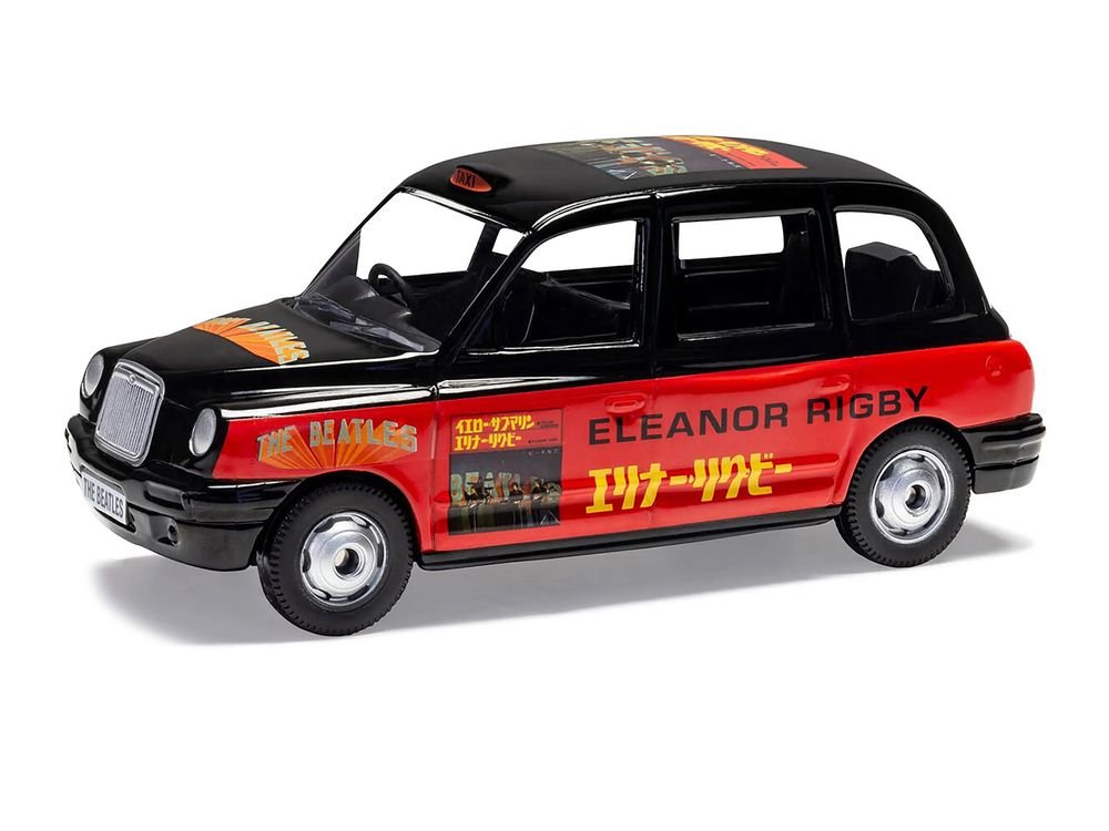 The Beatles London Taxi RHD (Right Hand Drive) "Eleanor Rigby - Yellow Submarine" Black and Red with Graphics Diecast Model by Corgi view 2