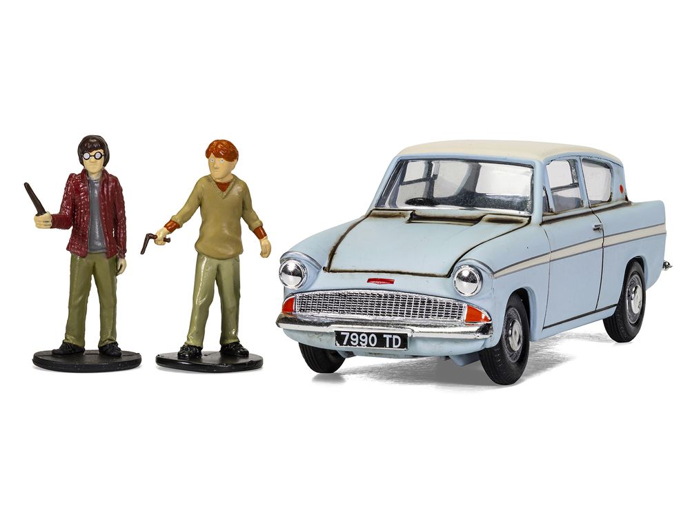 Flying Ford Anglia RHD (Right Hand Drive) Light Blue with White Top (Weathered) with Harry and Ron Figures "Harry Potter" Movie Series Diecast Model by Corgi view 2
