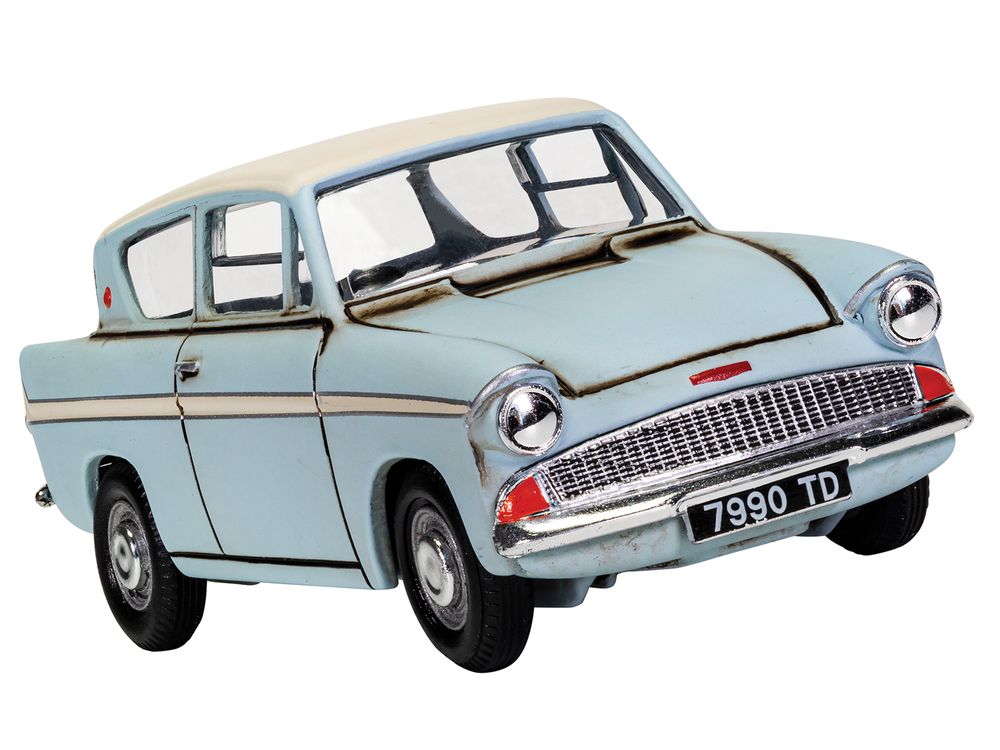 Flying Ford Anglia RHD (Right Hand Drive) Light Blue with White Top (Weathered) with Harry and Ron Figures "Harry Potter" Movie Series Diecast Model by Corgi view 3