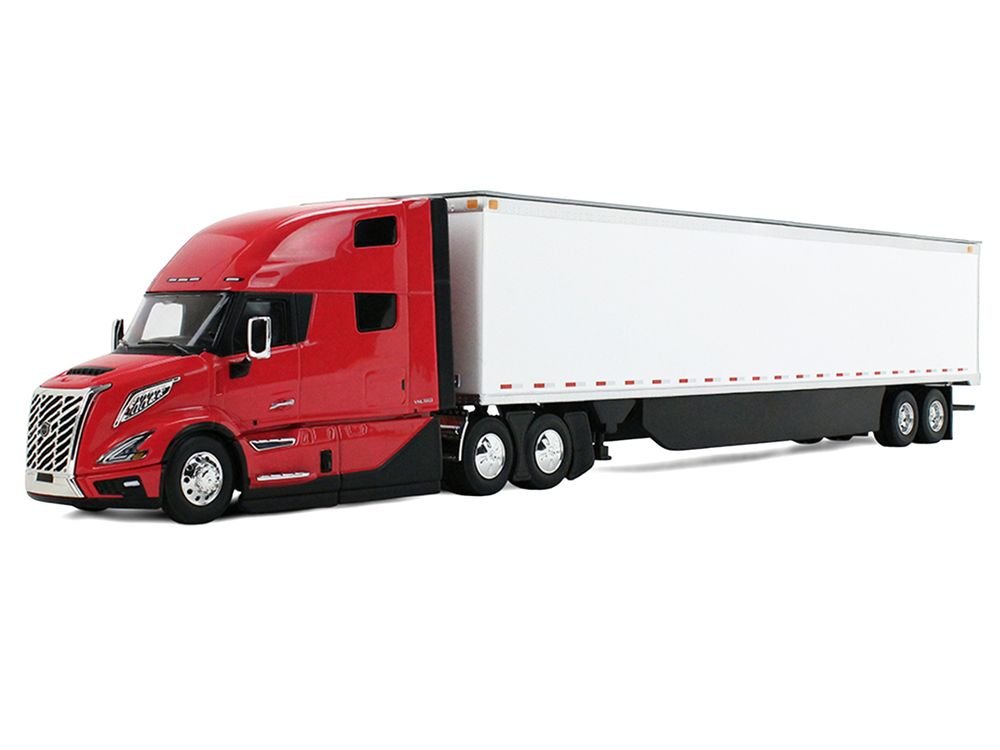 Volvo VNL 860 High-Roof Sleeper and 53' Trailer with Skirts Red with White Trailer 1/50 Diecast Model by First Gear view 2
