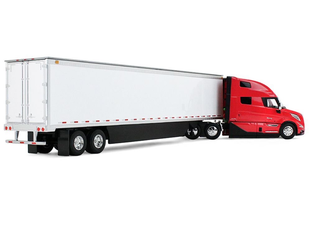 Volvo VNL 860 High-Roof Sleeper and 53' Trailer with Skirts Red with White Trailer 1/50 Diecast Model by First Gear view 3