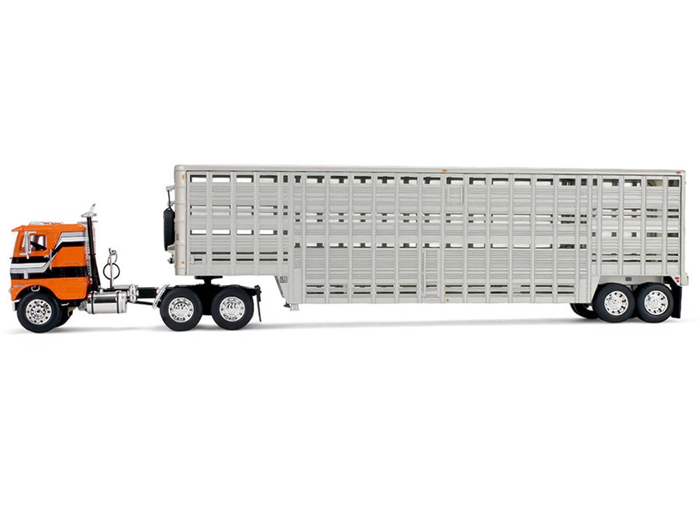 Freightliner COE and 45' Wilson Vintage Livestock Trailer Orange with Stripes 1/64 Diecast Model by DCP/First Gear view 3