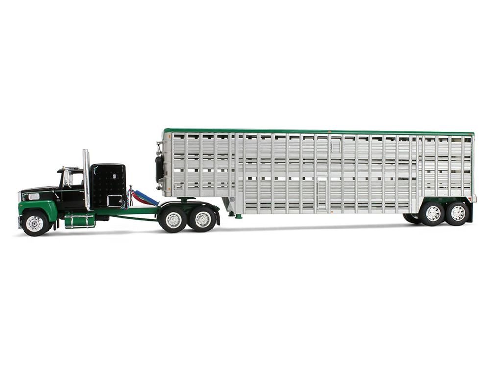 Ford LTL 9000 with 60" Flat Top Sleeper and 45' Wilson Vintage Livestock Trailer Black and Green 1/64 Diecast Model by DCP/First Gear view 3