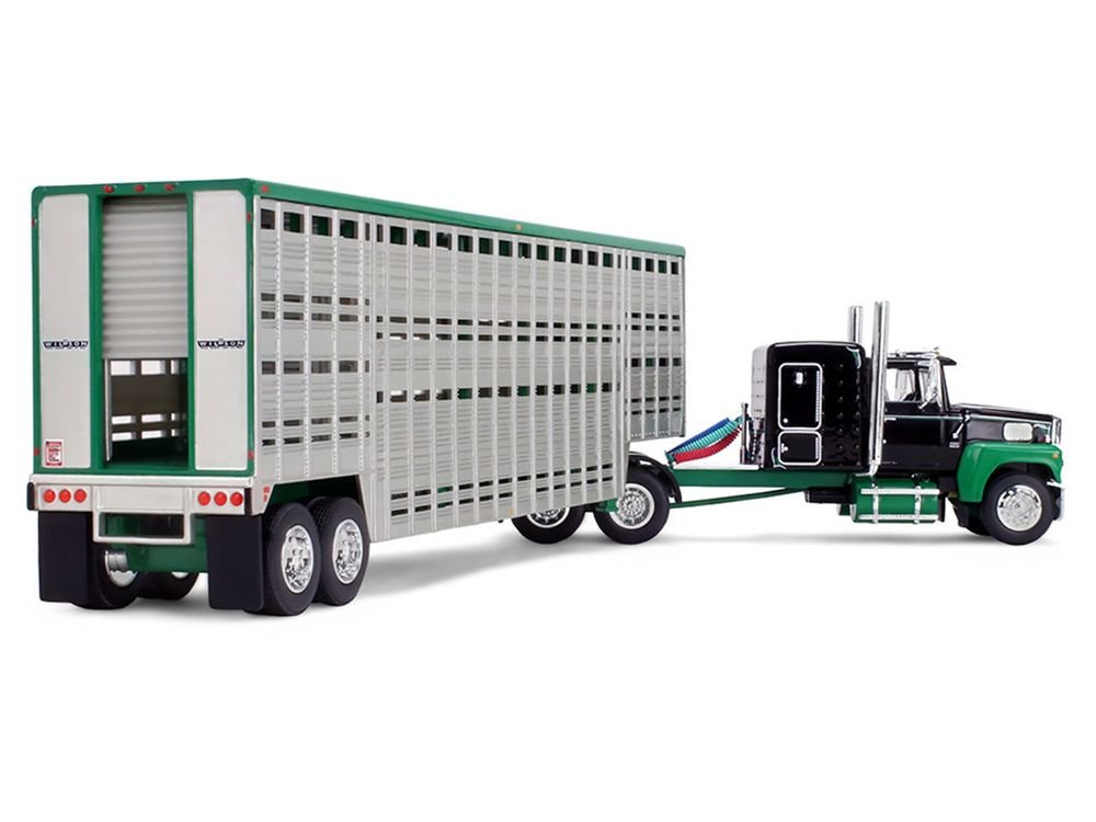 Ford LTL 9000 with 60" Flat Top Sleeper and 45' Wilson Vintage Livestock Trailer Black and Green 1/64 Diecast Model by DCP/First Gear view 4