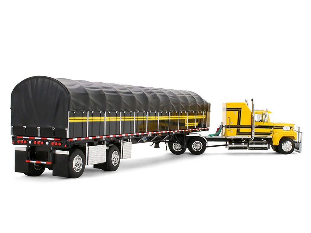 Ford LTL 9000 with 60" Aerodyne Sleeper and 53' Wilson Roadbrute Flatbed Trailer with Covered Wagon Yellow with Black Stripes 1/64 Diecast Model by DCP/First Gear view 4