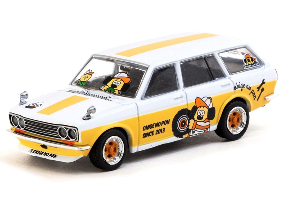 Datsun Bluebird 510 Wagon "Ohige no Pon" White with Orange Stripes and Graphics "Global64" Series 1/64 Diecast Model Car by Tarmac Works view 2